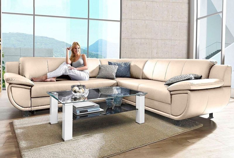 TRENDMANUFAKTUR Ecksofa "Rondo wahlweise mit Schlaffunktion, 267x247 cm (BxT), breite Armlehnen", L-Form, wahlweise mit Federkern bestellbar, Füße schwarz