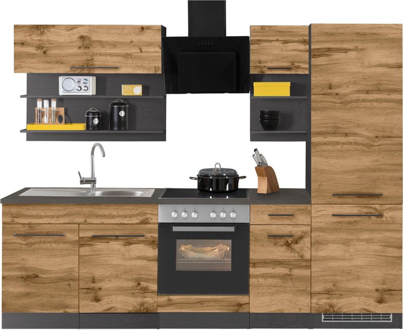 KOCHSTATION Küchenzeile "KS-Tulsa", mit E-Geräten, Breite 270 cm, schwarze Metallgriffe, MDF Fronten