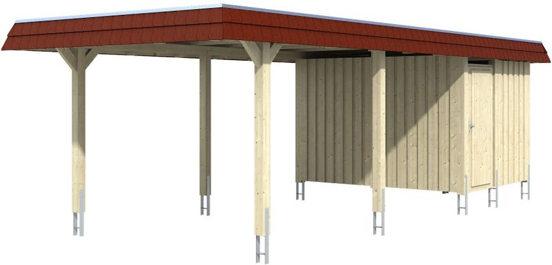 Skanholz Einzelcarport "Wendland", Leimholz-Fichte, 291 cm, Weiß, mit Abstellraum mit Aluminiumdach, rote Blende