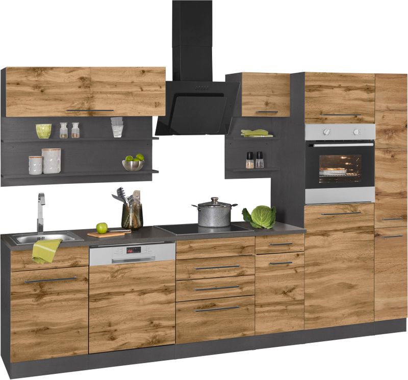KOCHSTATION Küchenzeile "KS-Tulsa", mit E-Geräten, Breite 300 cm, schwarze Metallgriffe, MDF Fronten