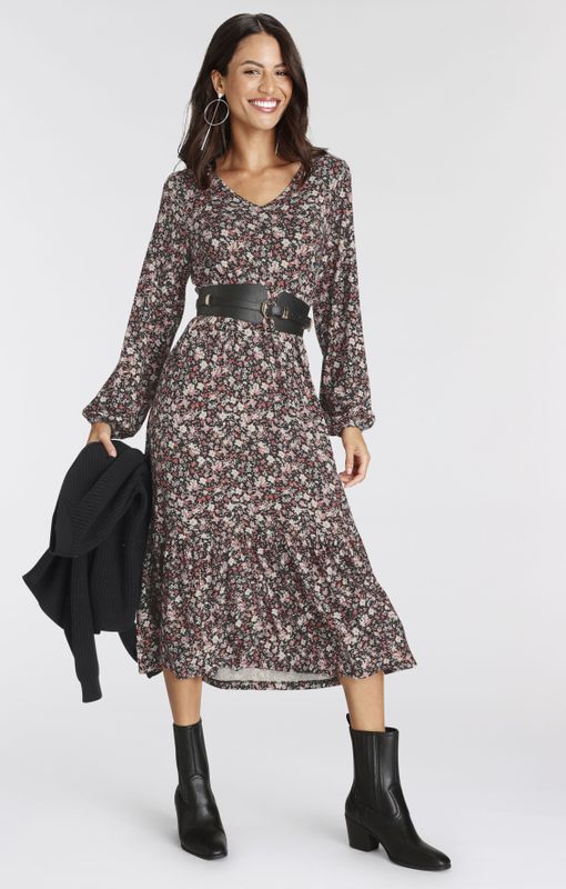 Laura Scott Midikleid, wadenlang, geblümte Optik, aus Viskosemischung, Langarm