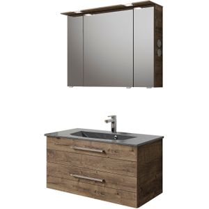 Saphir Badmöbel-Set "Serie 6025 2-teilig Mineralmarmor-Waschtisch mit LED-Spiegelschrank", (2 St.), Waschplatz 97 cm breit, 2 Schubladen, 3 Spiegel-Türen, inkl Türdämpfer