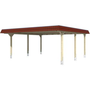 Skanholz Doppelcarport "Wendland", Leimholz-Fichte, 550 cm, Nussbaum, mit EPDM-Dach, rote Blende