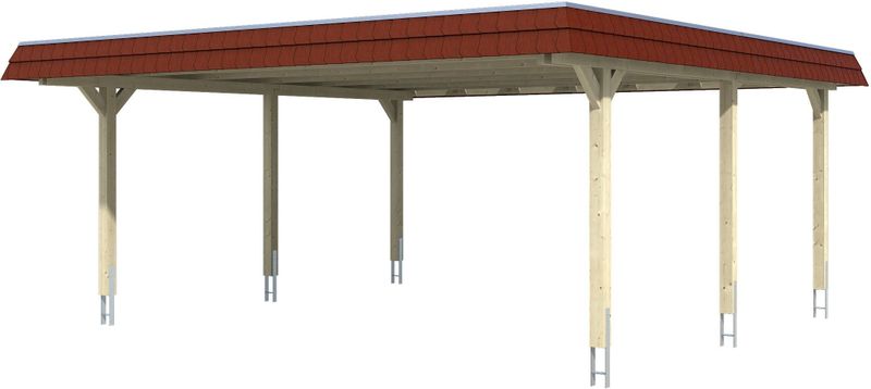 Skanholz Doppelcarport "Wendland", Leimholz-Fichte, 550 cm, Nussbaum, mit EPDM-Dach, rote Blende
