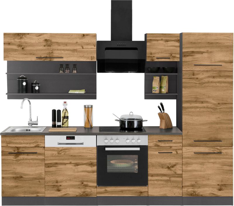 KOCHSTATION Küchenzeile "KS-Tulsa", mit E-Geräten, Breite 270 cm, schwarze Metallgriffe, MDF Fronten