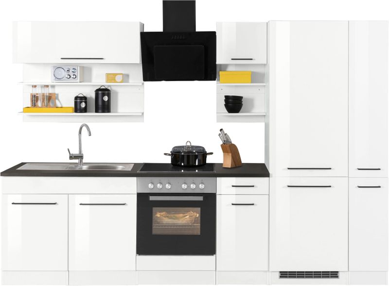 KOCHSTATION Küchenzeile "KS-Tulsa", mit E-Geräten, Breite 300 cm, schwarze Metallgriffe, MDF Fronten
