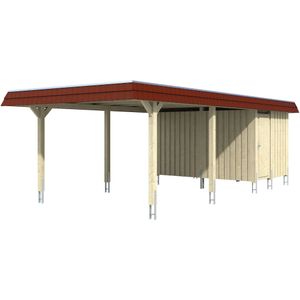 Skanholz Einzelcarport "Wendland", Leimholz-Fichte, 341 cm, Natur, mit Abstellraum mit EPDM-Dach, rote Blende