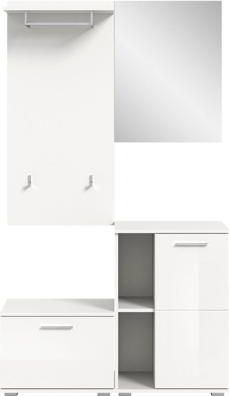 INOSIGN Garderoben-Set "Valge, Breite 110 cm, 4-teiliges Set, bestehend aus:", (4 St.), Sitzbank, Garderobenpaneel, Schuhschrank und Garderobenspiegel