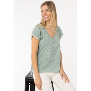 Zwillingsherz T-Shirt ""Positive Mind"", mit V-Neck, Stempeldruck und Saum im Used-Look