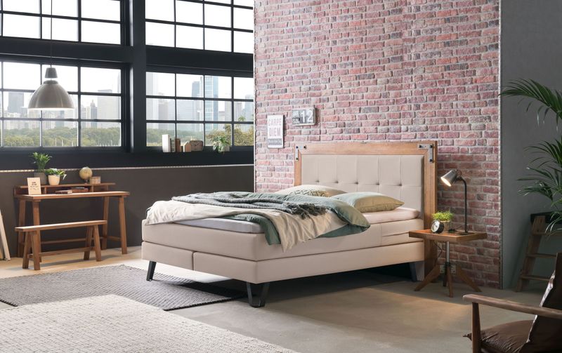 HASENA Boxspringbett Oakland, Boxspringbett, Industrial Look, Kopfteil aus Wildeiche, Used-Look