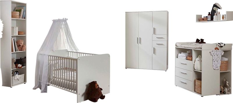 BMG Möbel Babyzimmer-Komplettset "Lea", (Set, 7 tlg., Bett, Wickelkommode, Schrank, Standregal, Unterstellregal, Wandboard), Bett + Wickelkommode + 4-trg. Schrank + Standregal + Unterstellregal