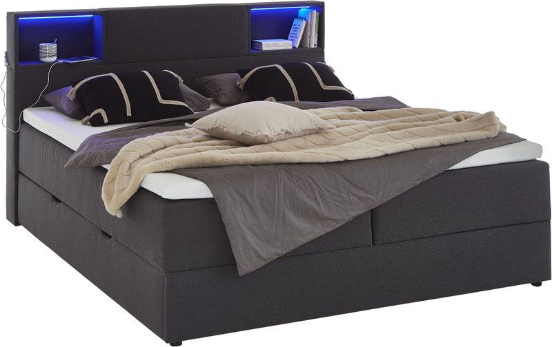 meise.möbel Boxspringbett "Caja mit Bettkasten und Topper", mit LED ausgestattetes Ablagefach im Kopfteil