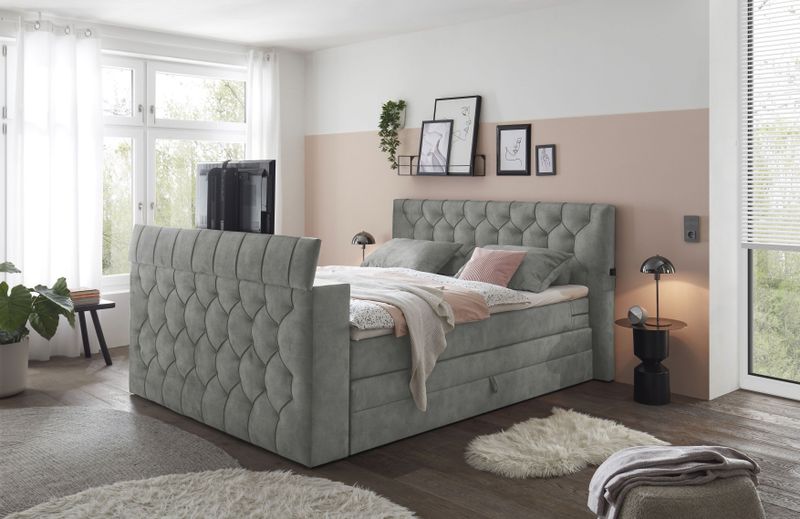 ED EXCITING DESIGN Boxspringbett "Springdale", mit Bettkasten, motorisierter TV-Halterung, Duo-Matratze (H3/H4)