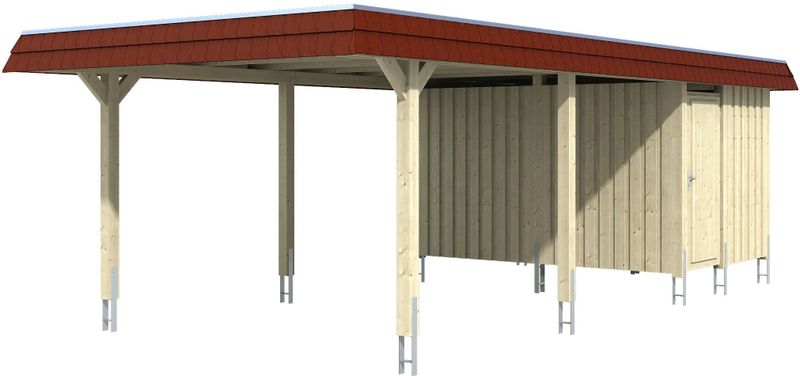 Skanholz Einzelcarport "Wendland", Leimholz-Fichte, 341 cm, Schiefergrau, mit Abstellraum mit EPDM-Dach, rote Blende
