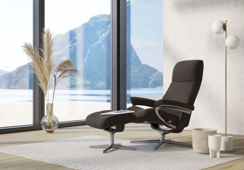 Stressless Relaxsessel "View", (Set, Relaxsessel mit Hocker), mit Hocker, mit Cross Base, Größe S, M & L, Holzakzent Schwarz