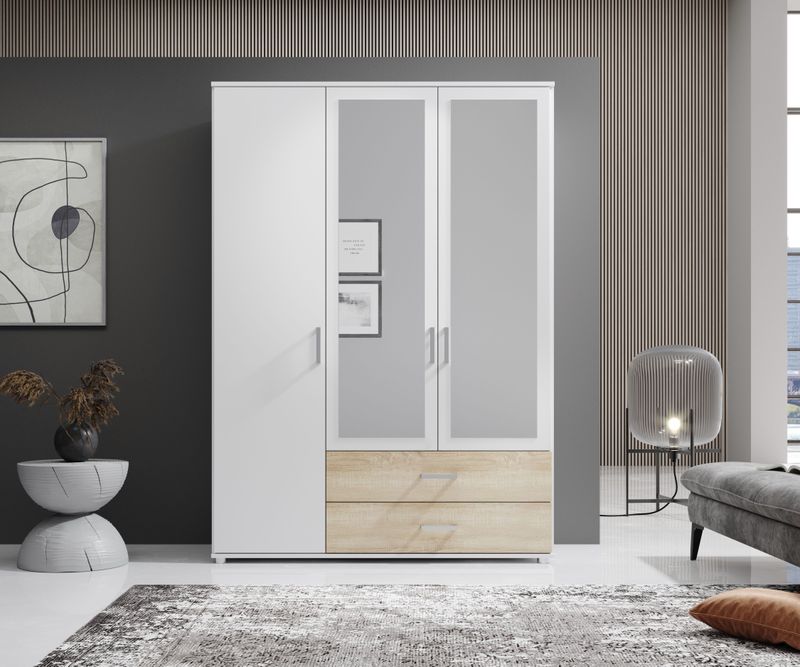 Schlafkontor Drehtürenschrank "Ivar Kleiderschrank mit Spiegel", inklusive 2 Spiegeltüren und 2 farblich abgesetzten Schubkästen