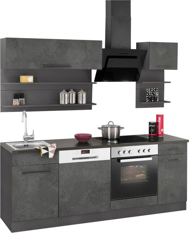 KOCHSTATION Küchenzeile "KS-Tulsa", mit E-Geräten, Breite 210 cm, schwarze Metallgriffe, MDF Fronten