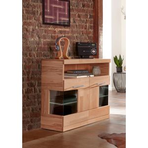 Home affaire Kommode "Ribe 85cm breit,35 cm tief, Fronten Massivholz,2 Türen mit Glaseinsatz", Holz massiv, Holzwerkstoff,3 breite Fächer