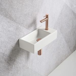 Fonteinset Mia 40.5x20x10.5cm mat wit rechts inclusief fontein kraan, sifon en afvoerplug mat rose goud