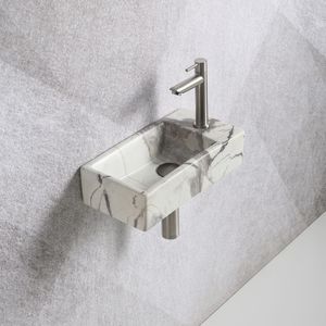 Fonteinset Mia 40.5x20x10.5cm marmerlook wit geaderd grijs rechts inclusief fontein kraan, sifon en afvoerplug RVS