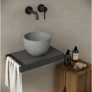 Toiletmeubel frame zwart plateau eiken zwart inclusief waskom mini donker grijs met handoekbeugel Berdine 36x22.5x5cm links