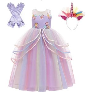 Unicorn Jurk - Eenhoorn Jurk - Paars - Haarband + Paarse prinsessenhandschoenen