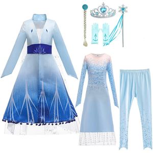 Frozen 2 - Elsa Blauwe Prinsessenjurk - Verkleedjurk  met onderjurk, broek en 4-delig accessoire set - maten 100 t/m 150 - 65% polyester en 35% katoen