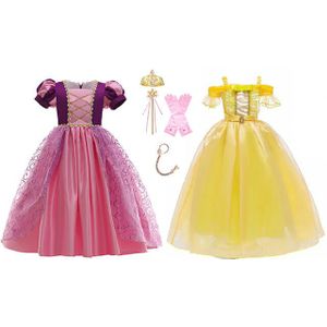6-Pack - Rapunzel + Belle prinsessenjurk - verkleedjurk -Rapunzel haarband-Toverstaf/Kroon