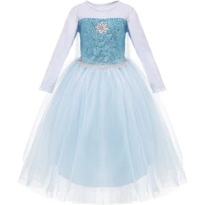 Frozen - Elsa Luxe Blauwe Prinsessenjurk - Verkleedjurk  met sleep, tiara / kroon en juwelen - maat 100 t/m 150 - 65% katoen en 35% polyester