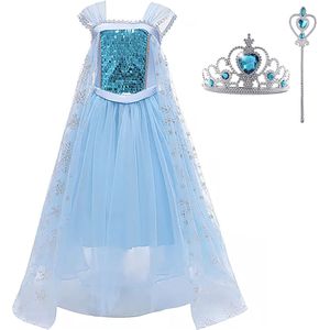 Frozen Elsa prinsessenjurk - verkleedjurk  + Kroon + Toverstaf