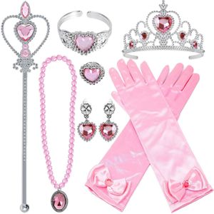 Prinsessen roze accessoireset - juwelen, toverstaf, kroon, elleboog handschoenen