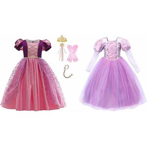 2x Rapunzel Deluxeprinsessenjurk - verkleedjurk en+Rapunzel haarband+Toverstaf/Kroon