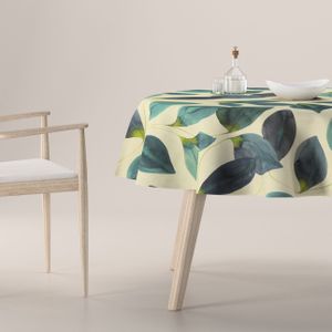 Dekoria Rond tafelkleed smaragdgroen blad met violet op linnen ondergrond 160 x 160 cm