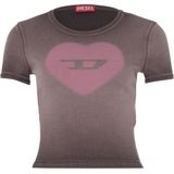 Diesel - T-E - Blousetop - Bruin met Roze Hartprint - Katoen en Elastaan