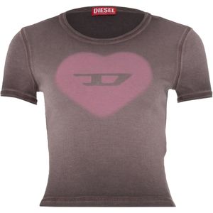 Diesel - T-E - Blousetop - Bruin met Roze Hartprint - Katoen en Elastaan