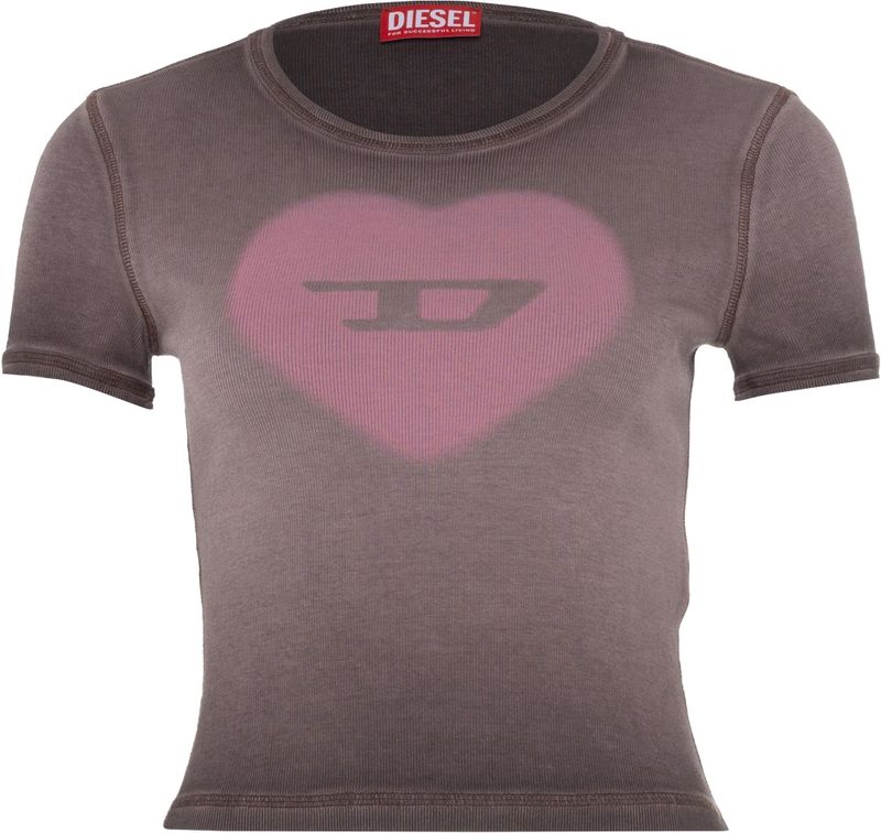 Diesel - T-E - Blousetop - Bruin met Roze Hartprint - Katoen en Elastaan