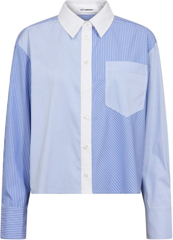 Co'Couture - ChrisCC Mix Shirt - Blouse - Blauw - Streep - Halslijn Polokraag