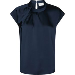Neo Noir - Fleur Drapy Satin Blouse - Blauw - Dames Top - Opstaande Kraag