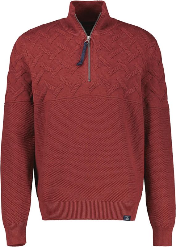 Lerros - Gebreide Trui - Maple Red - Met Rits en Opstaande Kraag - Jacquard-structuur