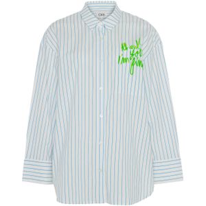 CKS Dames blouse blauw (Maat: L) - TekstStreepFotoprint - Halslijn: Polokraag,