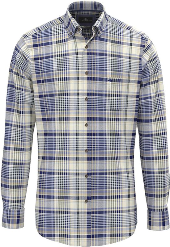 Fynch-Hatton Heren overhemd lange mouw blauw (Maat: S) - Ruit