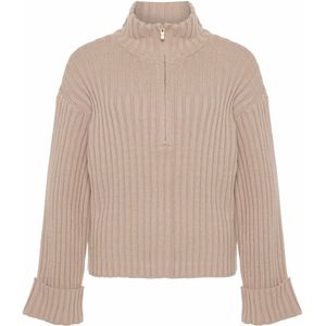 Avec Elan Dames trui beige (Maat: S) - Effen - Halslijn: Opstaande kraag met rits,