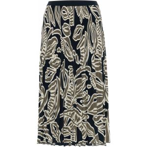 Opus - Midirok - Donkerblauw - Lichtbeige en Olijfgroene Print - Elastische Tailleband