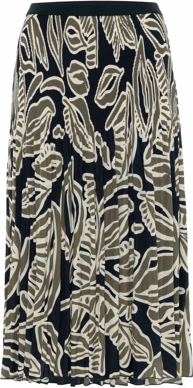 Opus - Midirok - Donkerblauw - Lichtbeige en Olijfgroene Print - Elastische Tailleband