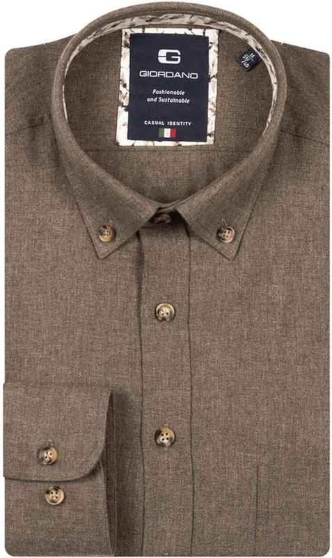 Giordano - Overhemd - Donkerbruin - Melange - Lange Mouw - Button-Down Kraag