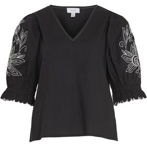 Vila T-shirt zwart (Maat: 34) - Bloemen - Halslijn: V-hals,