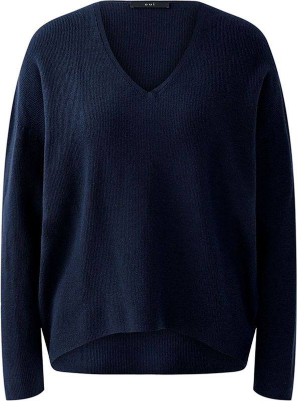 Oui - V-hals Knitwear - Blauw - Katoen