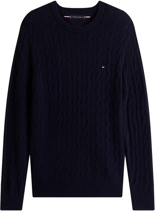Tommy Hilfiger Heren trui blauw (Maat: S) - Kabelpatroon - Halslijn: Ronde hals,