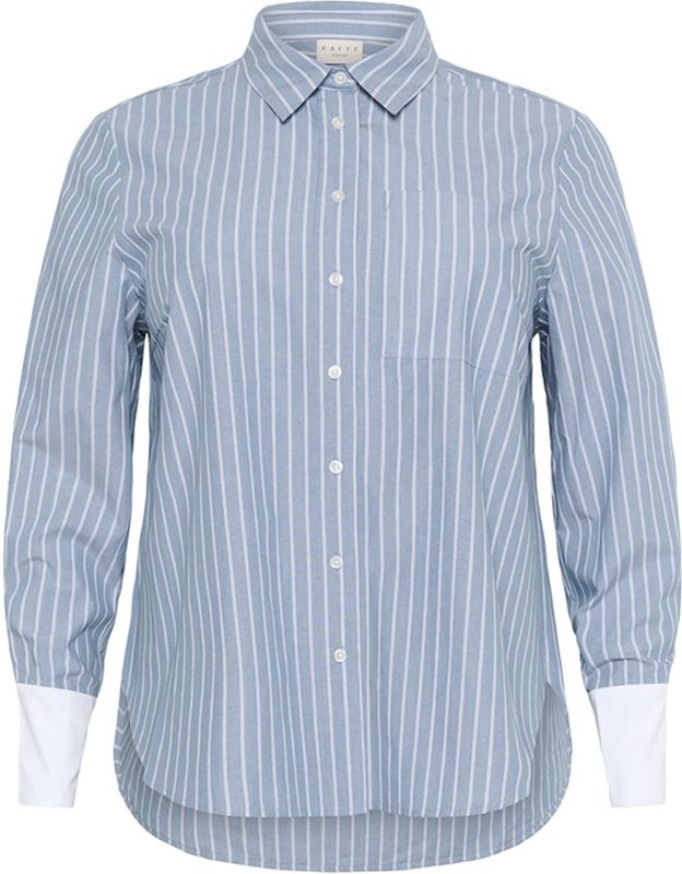 KAFFE Curve Dames blouse blauw (Maat: 42) - Streep - Halslijn: Polokraag,