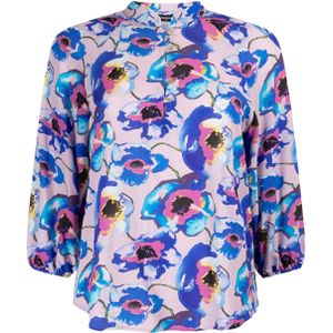 JANSEN Amsterdam Blouse blauw (Maat: L) - Bloemen - Halslijn: Opstaande kraag,